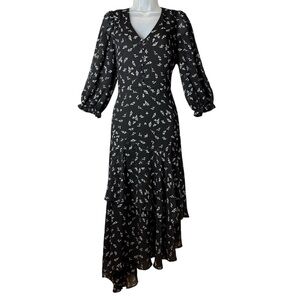 Karl Lagerfeld Paris Black Floral Asymmetrical Tiered Midi Dress Size 6 Chiffon